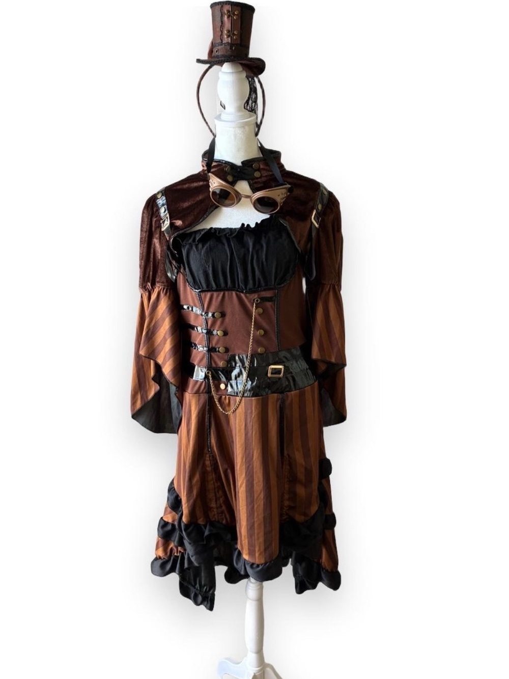 Steampunk Brown Striped Womp Costume with Top Hat & Goggles